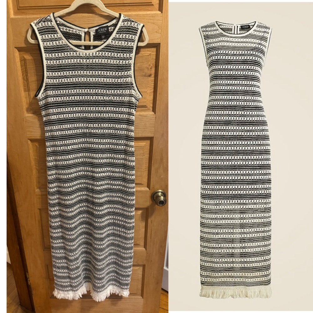 J. Crew Collection Crocheted Black and Ivory Striped Midi dress